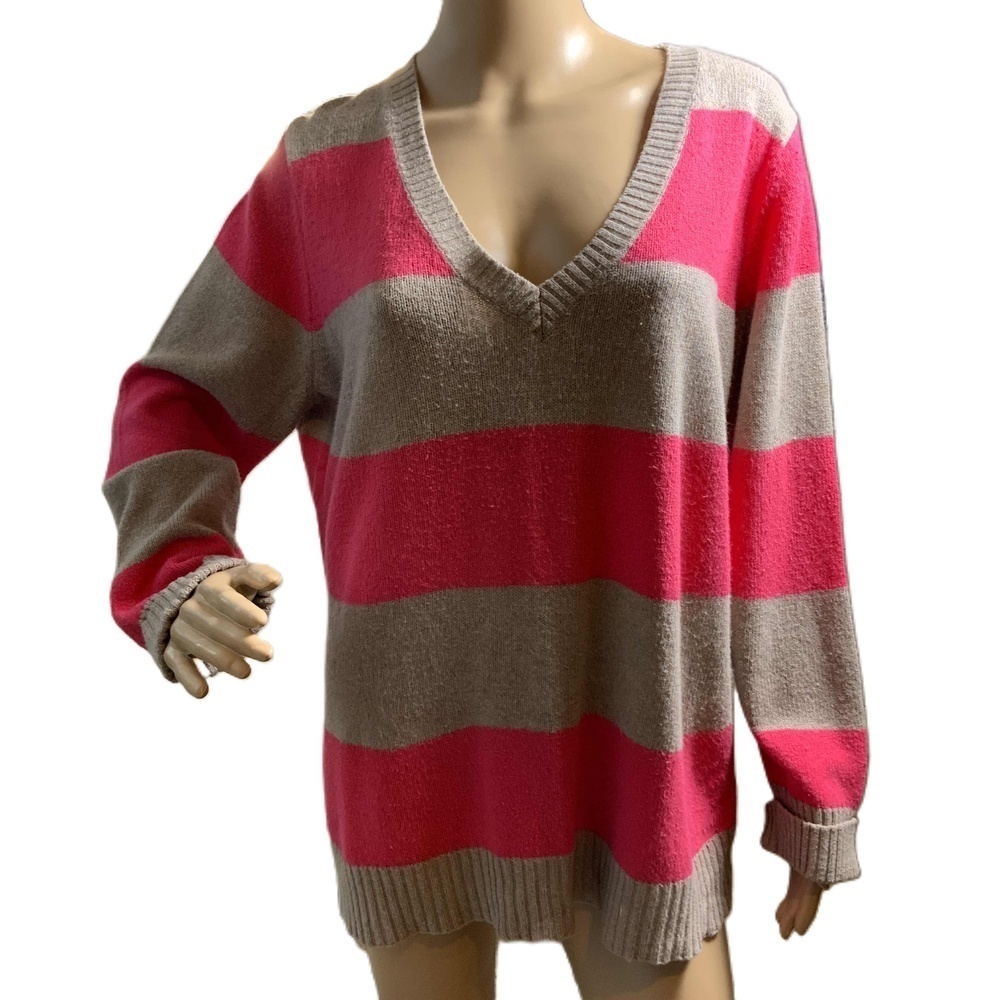 Old Navy Pink Tan Striped V-Neck Pullover Sweater Size XL Preppy Light Academia